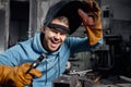 Industry worker banner, happy professional welder in protect mask use erecting technical iron at work