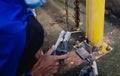 Industry worker welding steel structure at work background Royalty Free Stock Photo