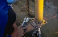 Industry worker welding steel structure at work background Royalty Free Stock Photo