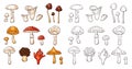 Inedible mushrooms set in line art style. Collection of colorful and monochrome mushrooms. Vector illustration isolated