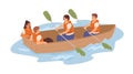 Ineffective team of tired employees and resting useless lazy coworkers in boat. Unfair work distribution. Concept of bad Royalty Free Stock Photo