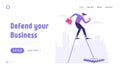 Inexperienced Business Man Trying to Avoid Problem Searching Solution Landing Page. Businessman Walking on Stilts