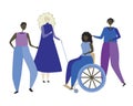 An a woman in a wheelchair and a blind albino with a white cane as a concept of disability inclusion, a flat vector stock