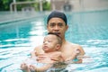 Infant adorable child boy swimming with father