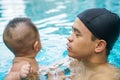 Infant adorable child boy swimming with father