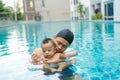 Infant adorable child boy swimming with father