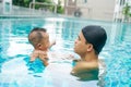 Infant adorable child boy swimming with father