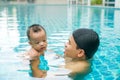 Infant adorable child boy swimming with father