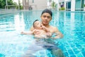 Infant adorable child boy swimming with father