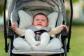 infant baby crying while sitting in stroller Royalty Free Stock Photo