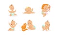 Infant Baby Different Activities Set, Adorable Baby Boys and Girls Playing, Sleeping, Crying, First Year Development