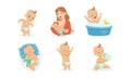 Infant Baby Different Activities Set, Adorable Baby Boys and Girls Playing Toys, Feeding, Bathing and Sleeping Cartoon Royalty Free Stock Photo