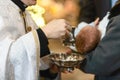 Infant baptism. Baptism ceremony in Church. Water is poured on the head of an infant