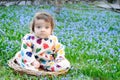 Infant boy sit snowdrops field Royalty Free Stock Photo