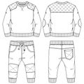 Infant Boys Fleece Set fashion flat sketch template. Technical Fashion Illustration. Jogger Pant with Pull-over Sweatshirt CAD