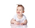 Infant child baby boy kid with blue eyes lying happy smiling screaming isolated on a white Royalty Free Stock Photo