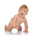 Infant child baby girl in diaper crawling happy smiling laughing