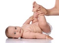 Infant baby girl kid in diaper is lying on her back doing exercises, bending knees with adult coach, mother. Side view