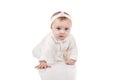 Infant child baby girl toddler crawling happy looking straight isolated on a white background Royalty Free Stock Photo