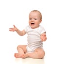 Infant child baby girl toddler surprised sad crying yelling hands spread Royalty Free Stock Photo