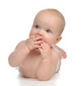 Infant child girl lying happy holding baby nipple soother Royalty Free Stock Photo