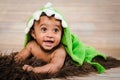 Infant dogla boy wearing bath robe laying on his tummy belly fluffy furry throw wooden background modern studio shoot modern look Royalty Free Stock Photo