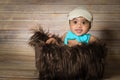 Infant dogla boy wearing hat and bow tie sitting in a fluffy furry basket wooden background modern studio shoot vintage look. Royalty Free Stock Photo