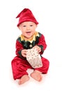 Infant dressed in elfs santas little helper fancy dress costume Royalty Free Stock Photo