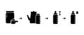 Infant Formula silhouette instruction. Outline icon of measuring spoon, dry mix powder, kettle, water, milk bottle with pacifier.