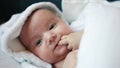 infant girl a newborn sucking thumb. happy family kid dream concept. close up cute newborn baby wrapped in bath towel at Royalty Free Stock Photo