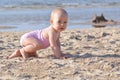 Infant girl in swimsuit at the beach Royalty Free Stock Photo