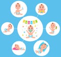 Infant newborn baby set in different activity isolated on white. Child boy and girl cute little baby