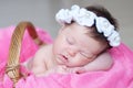 Infant sleeping in basket with accessory - head band, baby girl lying on pink blanket, cute child, newborn Royalty Free Stock Photo