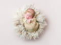 Infant sleeping swaddled with rabbit toy, topview