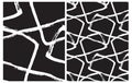 Set of 2 Hand Drawn Irregular Geometric Vector Patterns. White Brush Lines Isolated on a Black Background.