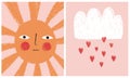 Infantile Style Vector Illustrations with Orange Sun, White Fluffy Cloud and Rain of Hearts.