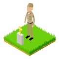 Infantry soldier icon isometric vector. Soldier in uniform stand near grave icon