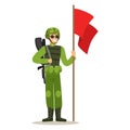 Infantry troops soldier character in camouflage combat uniform standing with red flag vector Illustration