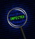 INFECTED in green revealed in blue computer machine code through a magnifying glass