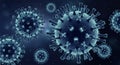 Microscopic View of Coronavirus Particles with Spikes on a Dark Blue Background Royalty Free Stock Photo