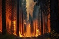 Inferno in the Forest: Devastating Fire Consuming Tall Trees.