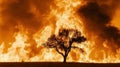 Inferno Solitary Tree Confronts a Wall of Fire a Symbol of Resilience Amidst Devastation Royalty Free Stock Photo