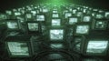 Infinite Array of Retro Computer Monitors and Vintage Television Screens Displaying Green Matrix Data and Digital Code in a Dark Royalty Free Stock Photo