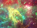 Infinite Beautiful Cosmos Green And Golden Background With Nebula, Cluster Of Stars In Outer Space. Beauty Of Endless Universe