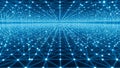Infinite Blue Digital Network Grid with Glowing Nodes and Connecting Lines Extending into the Distance Royalty Free Stock Photo