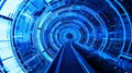 Infinite Blue Digital Tunnel with Geometric Patterns and a Conveyor Belt Path abstract background Royalty Free Stock Photo