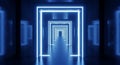 Infinite Blue Neon Light Tunnel Corridor Perspective with Glowing Rectangular Frames abstract Royalty Free Stock Photo
