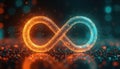 Infinite loop with orange and turquoise lights, digital DevOps toolchain concept on tech abstract background. Integration, Royalty Free Stock Photo