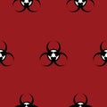 Infinite pattern: biohazard.  Vector. On red background. Idea for a book, magazine, web design, educational literature.  Symbol. Royalty Free Stock Photo