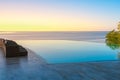 Infinity Edge Swimming Pool Water, Beautiful Black Sea View at sunset Royalty Free Stock Photo